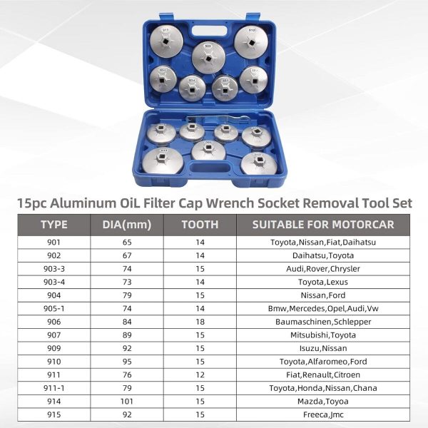 Juego de tazas de llave para filtro de aceite KATSU de 15 piezas